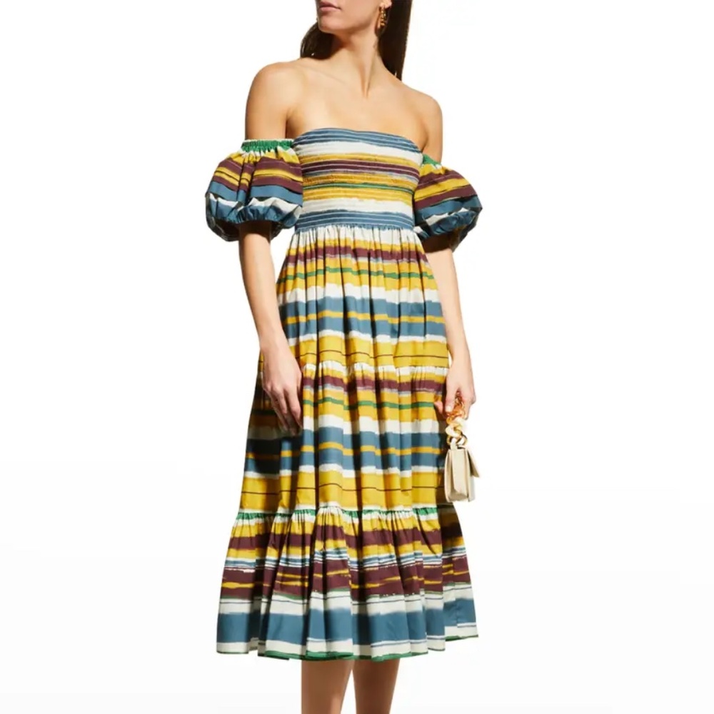 AUTUMN ADEIGBO Striped Off-The-Shoulder Tiered Midi Dress